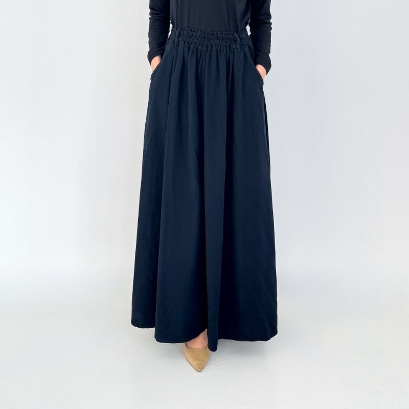 Rok Jeans Hitam Aline Payung Panjang 101cm Flare Lebar Lezahrasignature Long Skirt Tania Denim