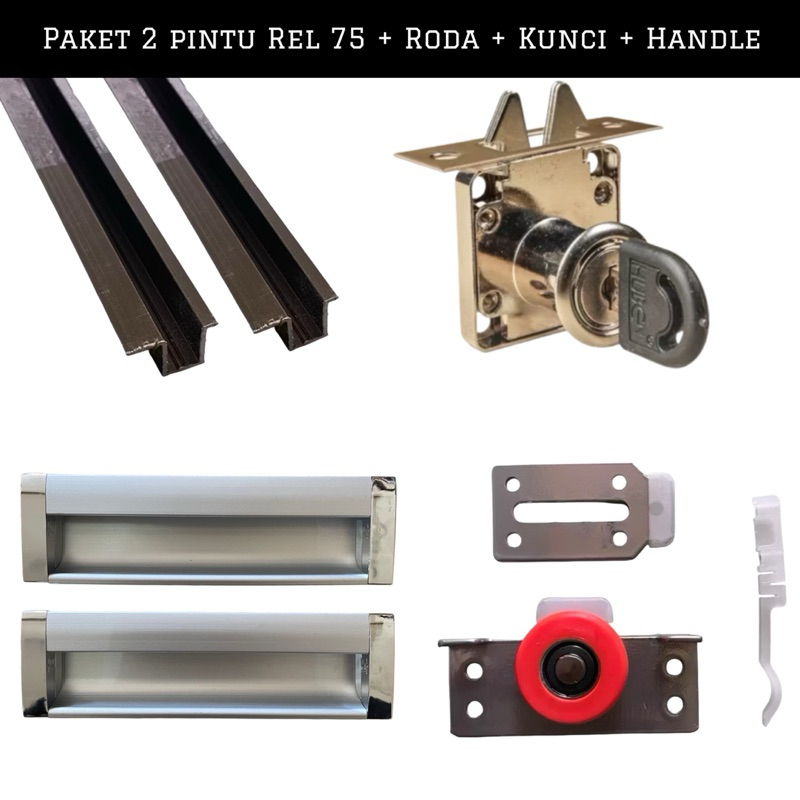 Set Rel Lemari Sliding Model Tanam 75 2 Pintu , Rel Lemari Geser Lengkap Dengan Roda Kunci Handle