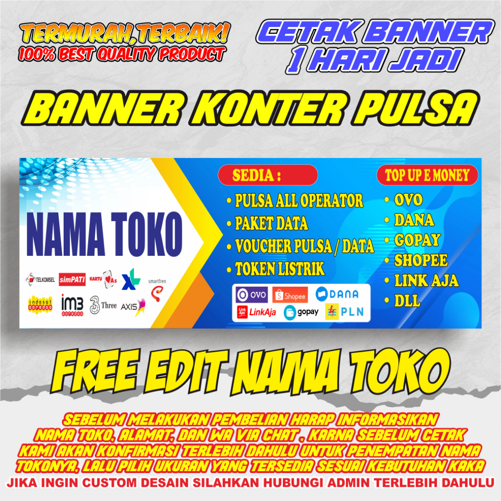 BANNER SPANDUK KONTER PULSA CUSTOM/HIASAN KONTER PULSA/PERLENGKAPAN KONTER PULSA/BANNER CUSTOM
