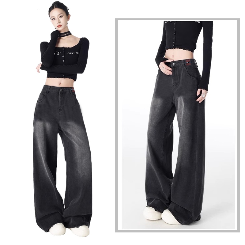 KeyGirl celana jeans pinggang tinggi wanita terbaru celana jeans longgar lurus tipis kaki lebar kore