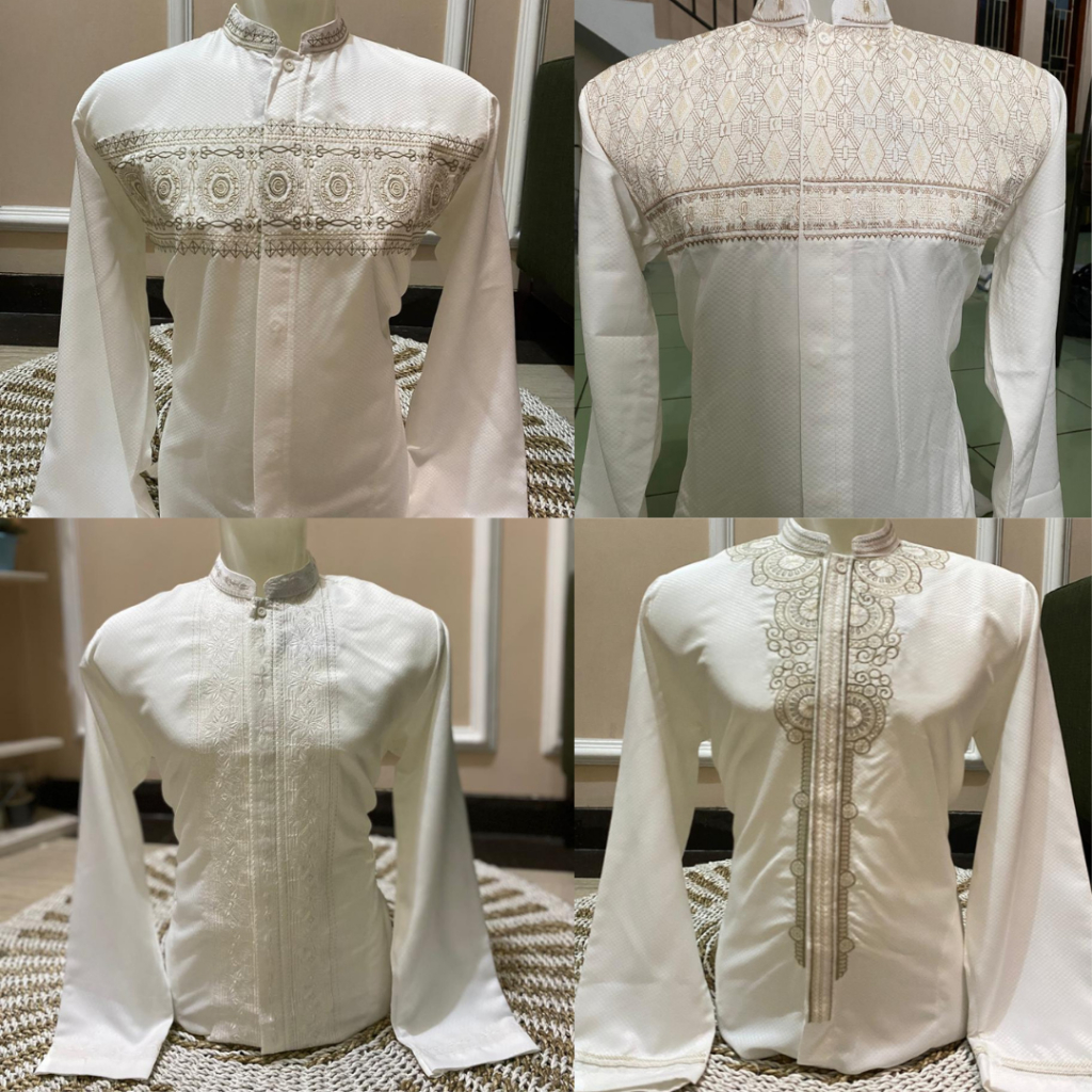 BAJU KOKO PUTIH KEMEJA TANGAN PANJANG MUSLIM PRIA BAHAN SEMI SUTRA DAN JAGUARD