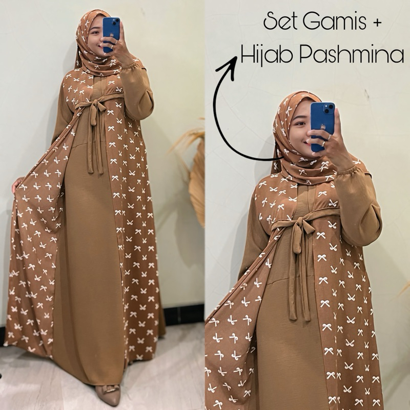 maygrosir.id Aurel Gamis Muslim Set Pashmina Baju Wanita Crinkle Airflow Busui Lengan Panjang