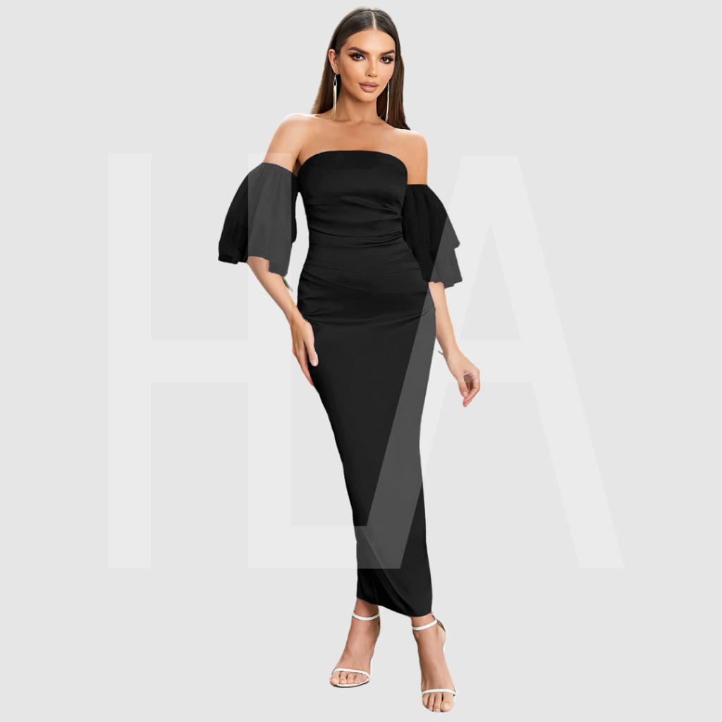 Otjha Black Sabrina Satin Long Dress