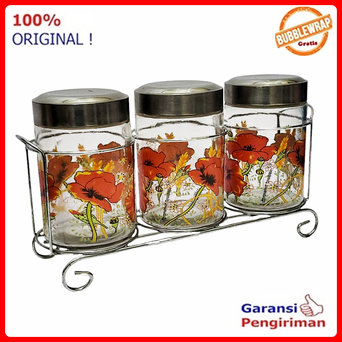 Toples Lebaran Toples Kaca Dengan Rak Toples Kemilan Kedap udara Nakami 3 Pc Rak