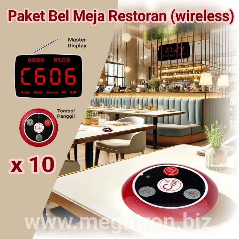 Bel Meja Restoran (paket 1 Display + 10 call button) - Waiter Wireless Calling - buat panggil pelaya