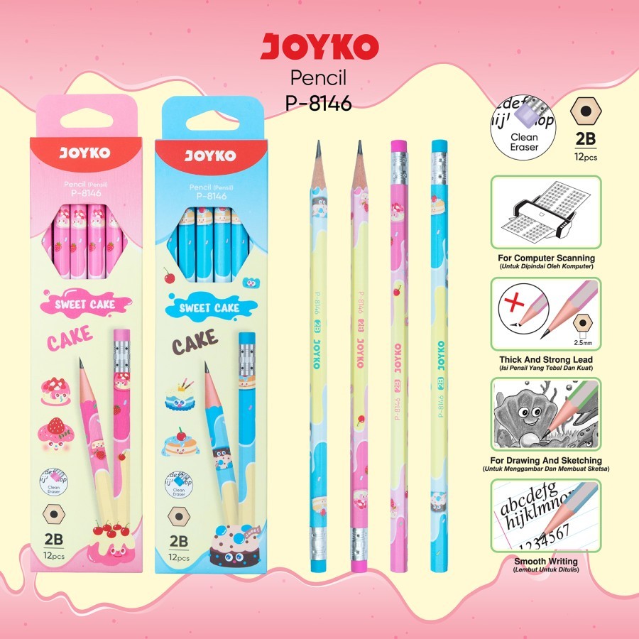 

Pensil Kayu 2B Komputer Joyko P-8146 SWEET CAKE Original (12 PCS) / Computer Pencil Wooden Pencil Joyko P 8146 Pensil Anak Per Lusin