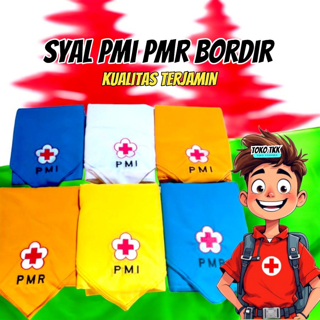 Syal PMI PMR bordir hijau biru kuning putih / syal PMI bordir / syal pmr bordir