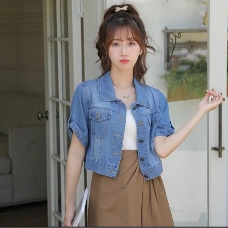 Crop Jeans wanita Denim Soft lengan Pendek