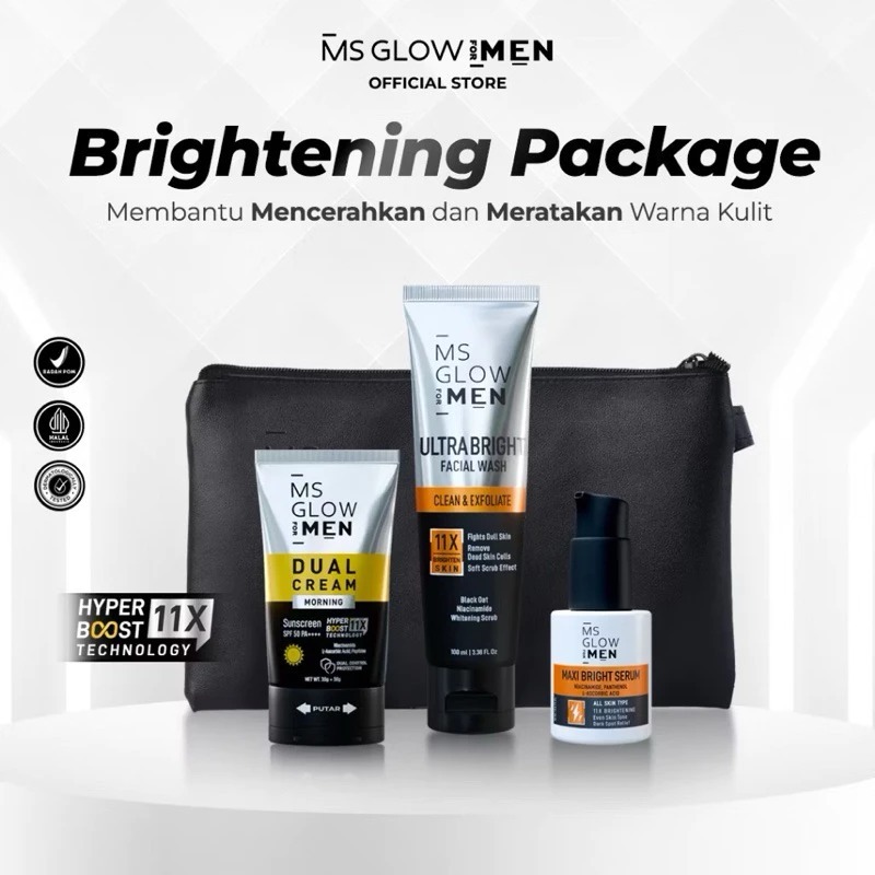MS GLOW MEN Paket Basic Brightening Series Terbaru Skincare Wajah Pria 1 Paket Pencerah Wajah Kusam 