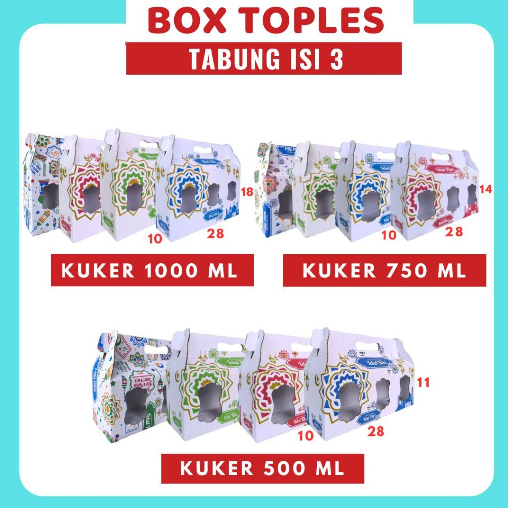 

Box Kuker Jar Isi 3 28x10x18 / 28x10x14 / 28x10x11 Jinjing (KUKER TOPLES JAR 1000ml/750ml/500ml) Kardus Kue Kering / Idul Fitri /Hampers / Lebaran / Gable Box Polos/Motif / Box Idul Fitri / Ied Mubarak