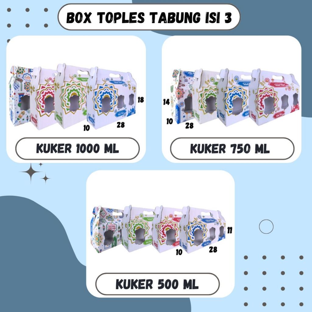 

Box Jinjing Kuker Jar Isi 3 28x10x18 / 28x10x14 / 28x10x11 Jinjing Jar 1000ml/750ml/500ml Box Jinjing Kardus Lebaran Idul Fitri Hampers Polos/Motif/Box Idul Fitri Hampers Lebaran