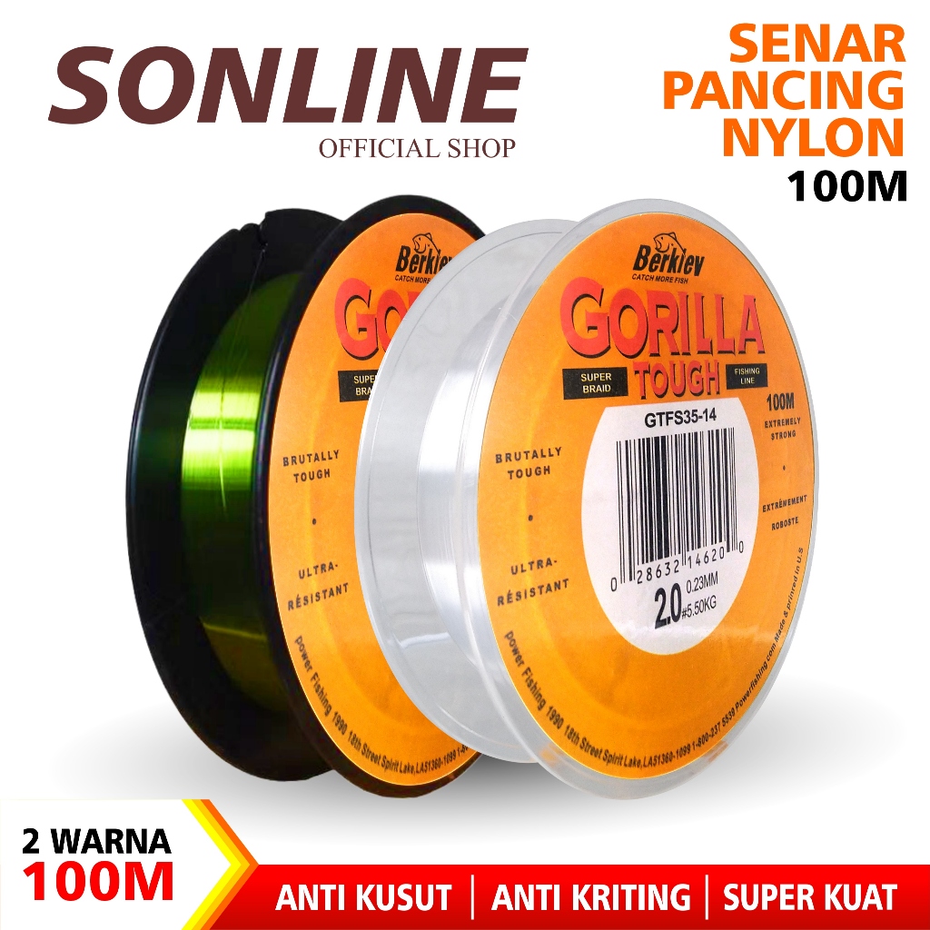 SONLINE Tali Pancing  Berkley Gorilla Tough Senar Pancing  100m Super Kuat &Tahan Bahan Nilon