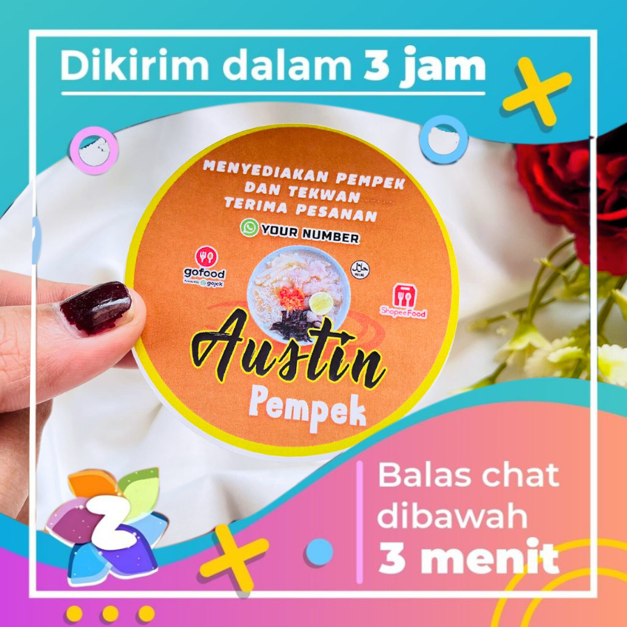 

9-15 Zennida Cetak Sticker Makanan Pempek Chromo Bulat Free Desain Cutting Kiss Cut Custom Nama Logo