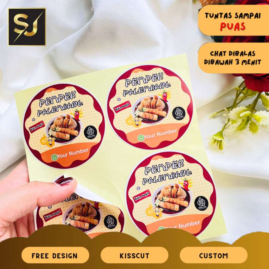 

9-15 Sangjaya Cetak Sticker Makanan Pempek Chromo Bulat Free Desain Cutting Kiss Cut Custom Nama