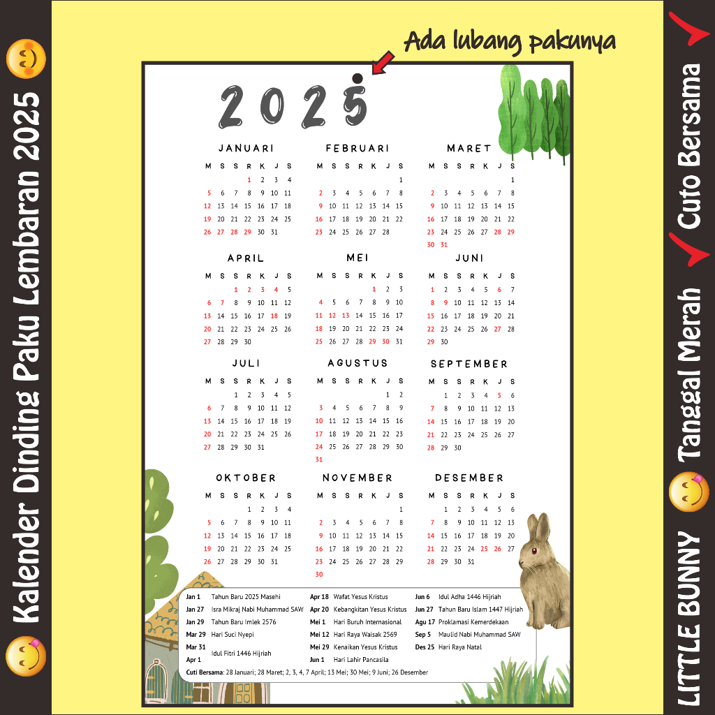 

[RUANG KREATIF] - Little Bunny | Kalender Dinding Paku - Kalender Dinding - Kalender Paku - Kalender Cantelan - Kalender Aesthetic - Kaleder Cute - Kalender Selembar | Tema Little Bunny | Ukuran A3+ (Besar) - A4 (Sedang) - A5(Kecil)