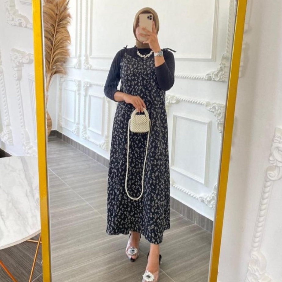 Sedia YUBI SLOOPY DRESS OVERALL Jeju Lola Motif Bunga Korean Style