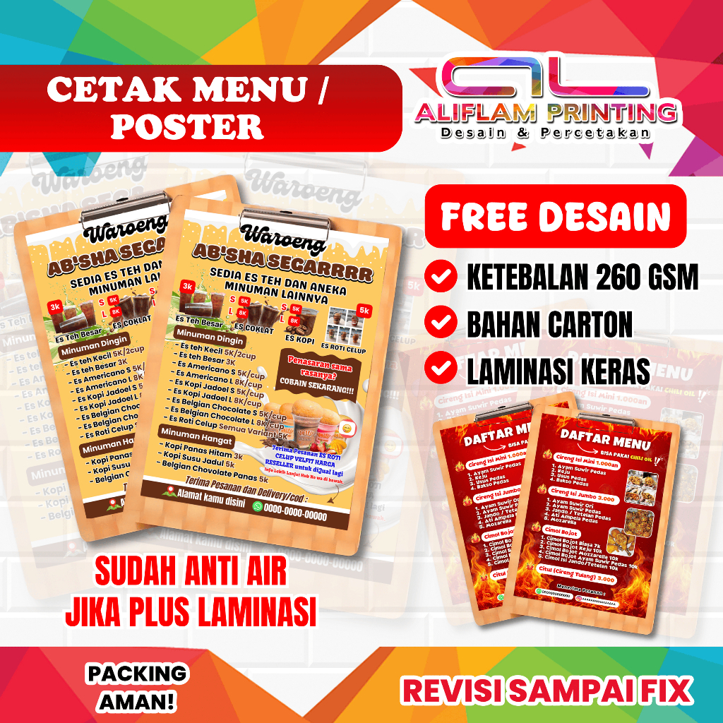 

CETAK MENU ANTI AIR MURAH GRATIS DESAIN | UKURAN 30x40 CM | UKURAN A4 | Revisi Sampai Fix