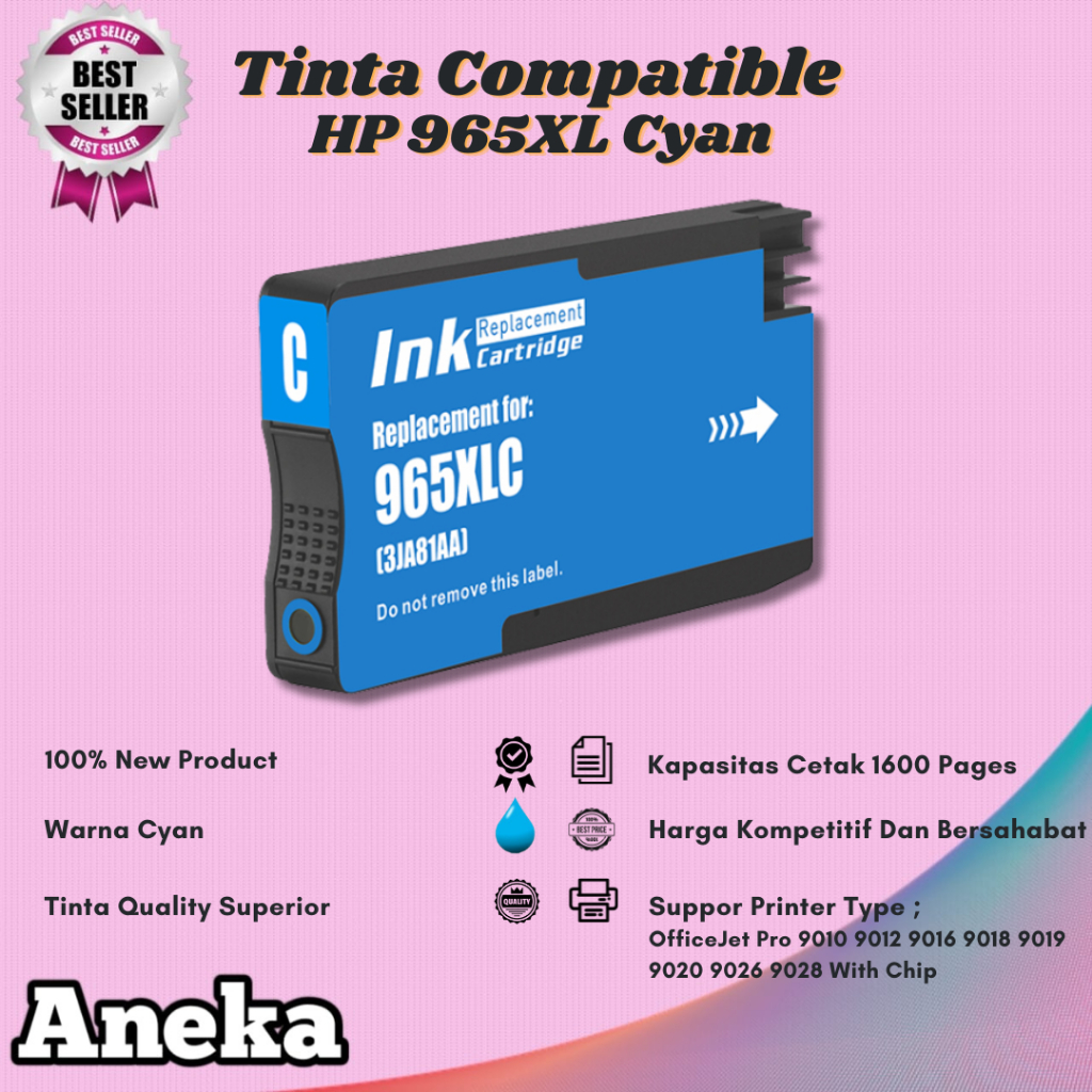 Cartridge Tinta Compatible HP 965XL 965 Cyan Printer OfficeJet Pro 9010 9018 Plus Chip