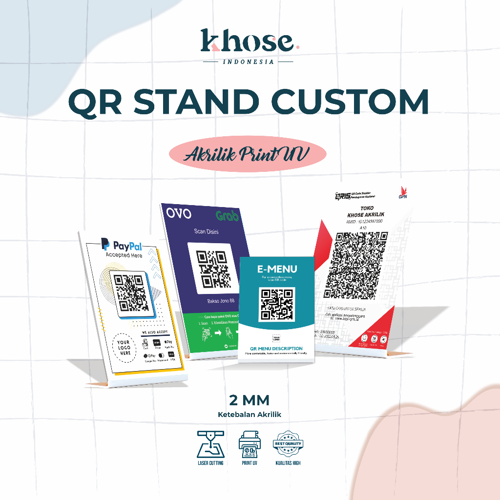 

QR Stand Custom Akrilik Print UV / Papan Custom QRIS Kaki Tekuk