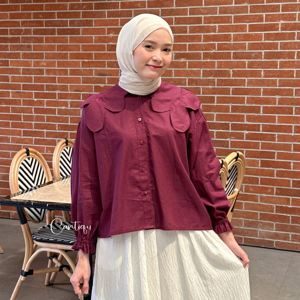 Termurah Cantiqu - Blouse Linen Bordir Bunga Daisy Kemeja Atasan Fashion Muslim Wanita
