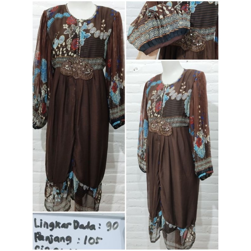 DRESS SIFON BOHEMIAN LENGAN PANJANG PLISKET COKLAT PAYET  MOTIF BUNGA  SKU 337
