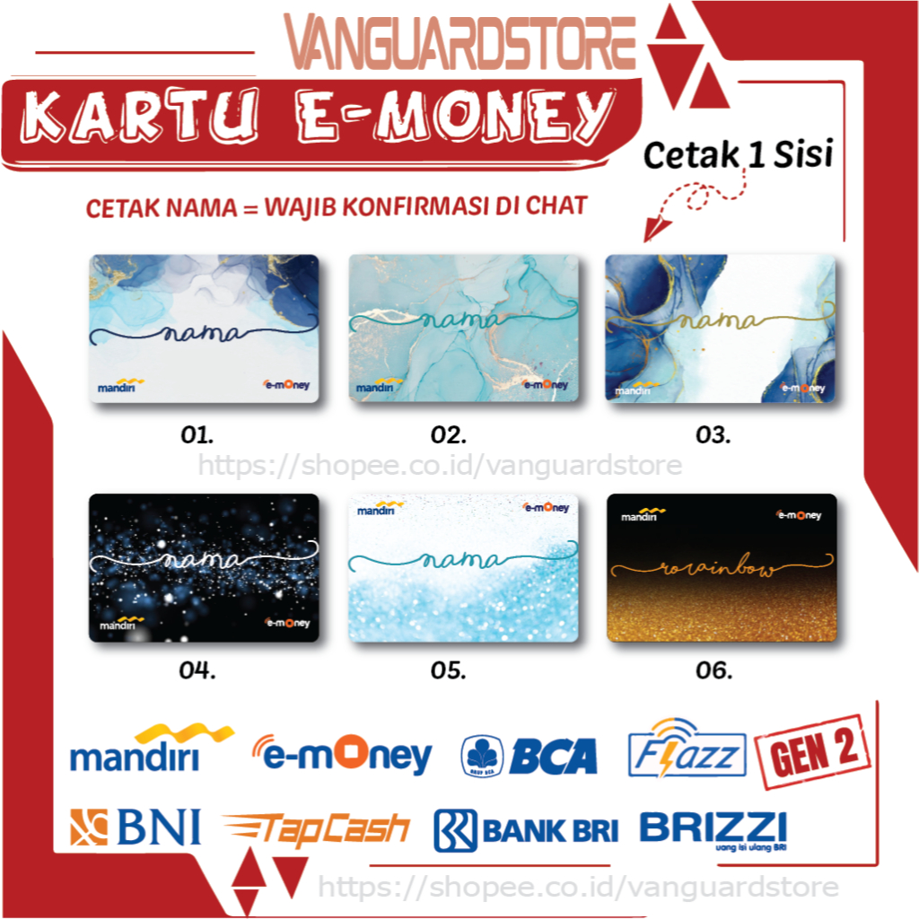 KARTU E MONEY E TOLL CUSTOM NAMA KUMPULAN 21 MANDIRI FLAZZ BCA BNI TAPCASH BRIZZI BRI - 1 SISI