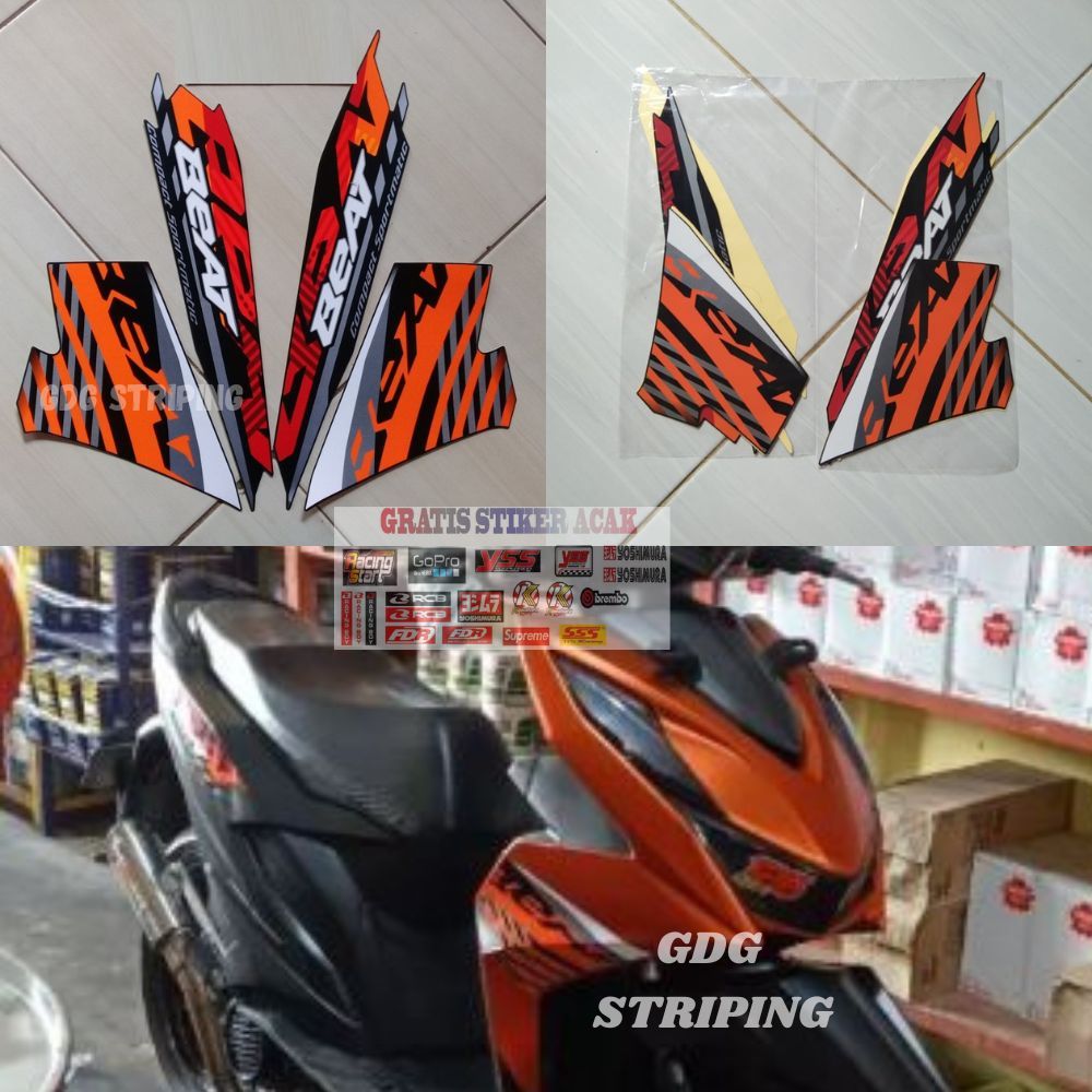 Striping Stiker Motor Honda Beat Fi Cbs 2021 Hitam Oren Murah