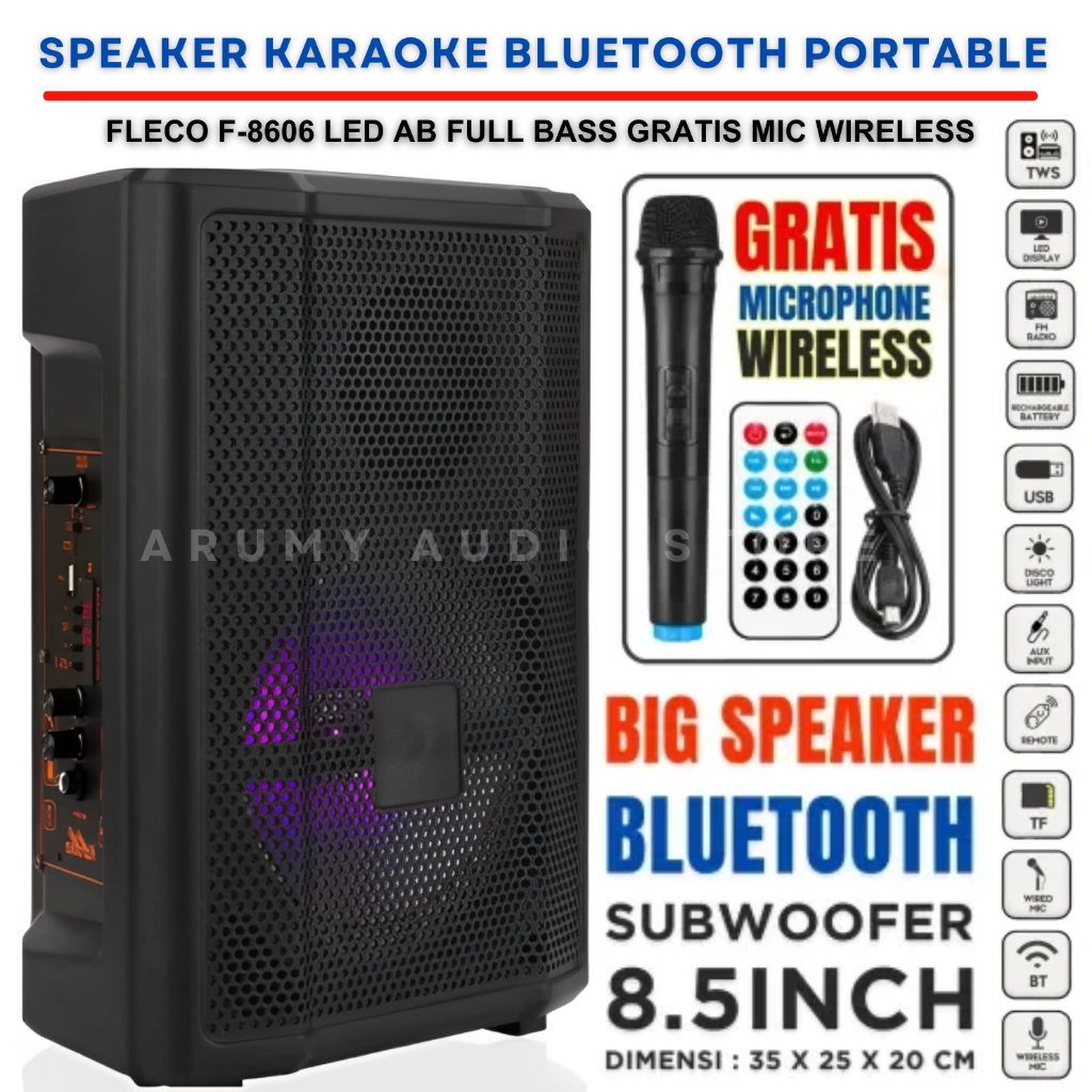 Speaker Bluetooth Karaoke Fleco F-8606 Led Ab Dapat Bonus Satu Mic | Speaker Aktif Super Bass Blueto