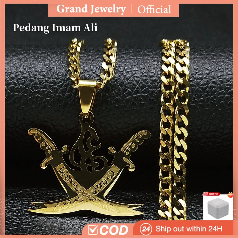 Kalung Muslim Titanium Pedang Imam Ali Kalung Keren Pria Perak Asli Kalung Emas 24K Bulan Puasa Neck