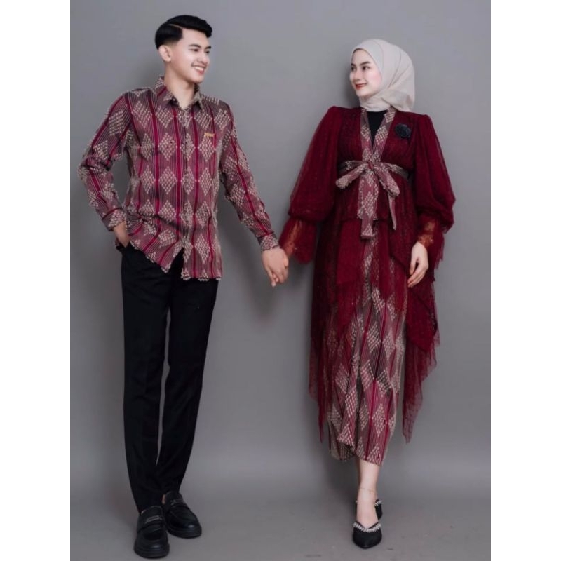 Couple kemeja pria tenun bulu sulam dan atasan wanita renda + rok lilit premium// tenunQu