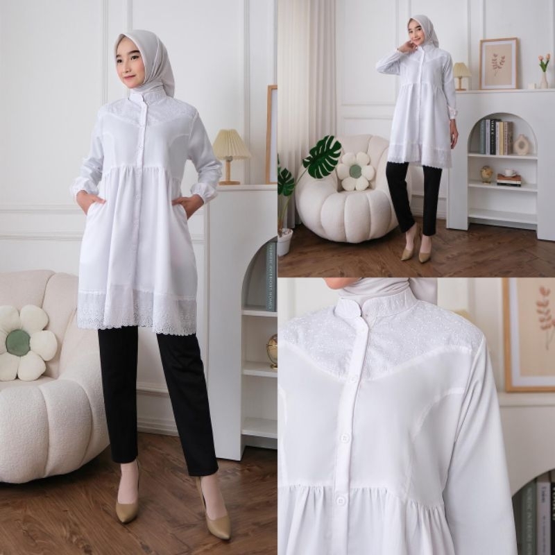 Ambicollection Tasya Tunik Polos dan Kombinasi Katun Bordir Rubiah Tunik Putih Wanita Kantong Kanan 