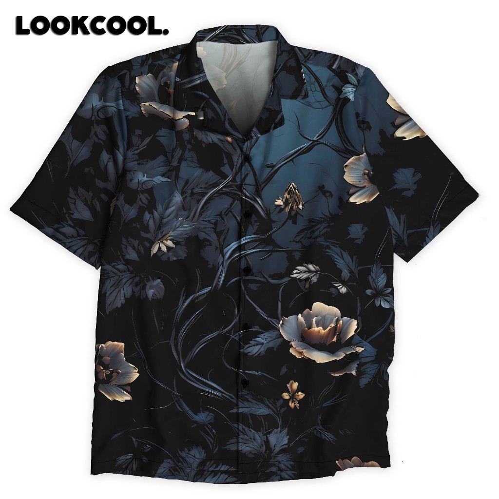 LOOKCOOL Kemeja Motif Bunga Hitam Kegelapan Darknes Style santai Cowok Cewek