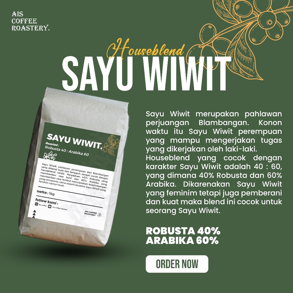 

Kopi Houseblend Sayu Wiwit A:60% R:40% Roasted Coffee Beans