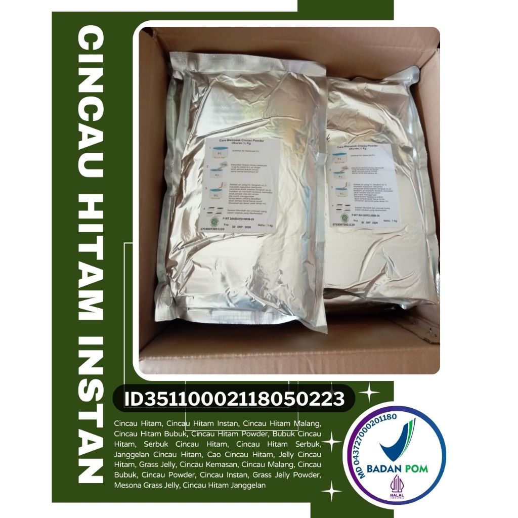 

TERSEDIA Cincau Hitam Instan, Bubuk Cincau Hitam Powder Kemasan Aluminium Foil 1 Kg
