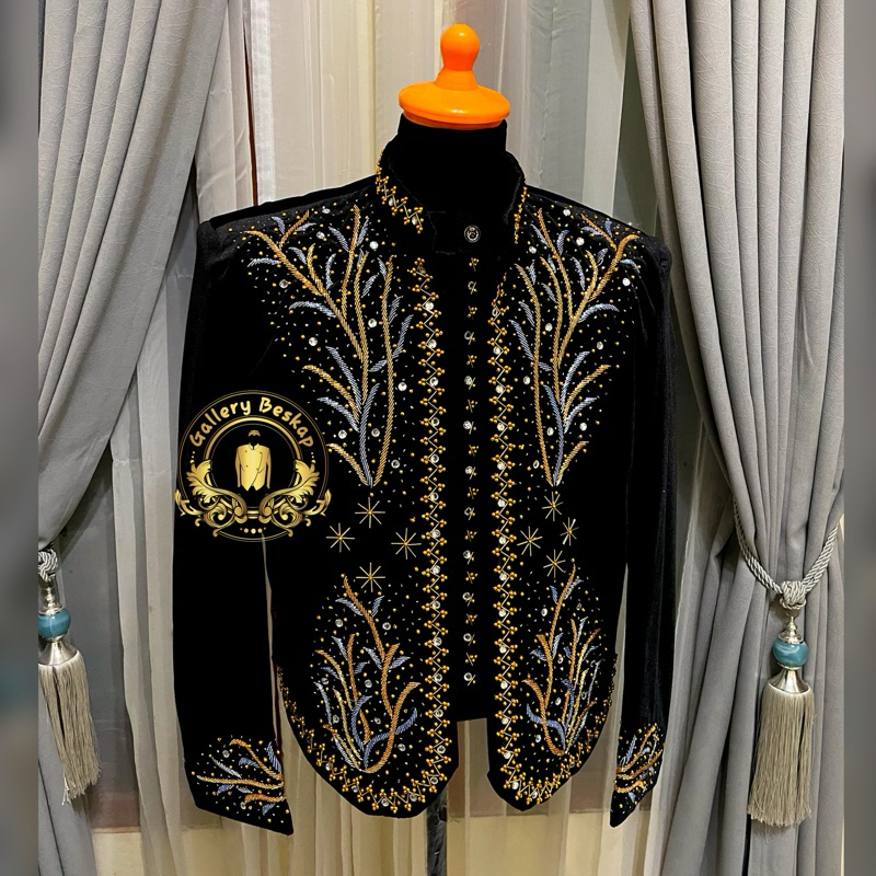 Beskap pengantin jawa bludru hitam payet gold combi biru