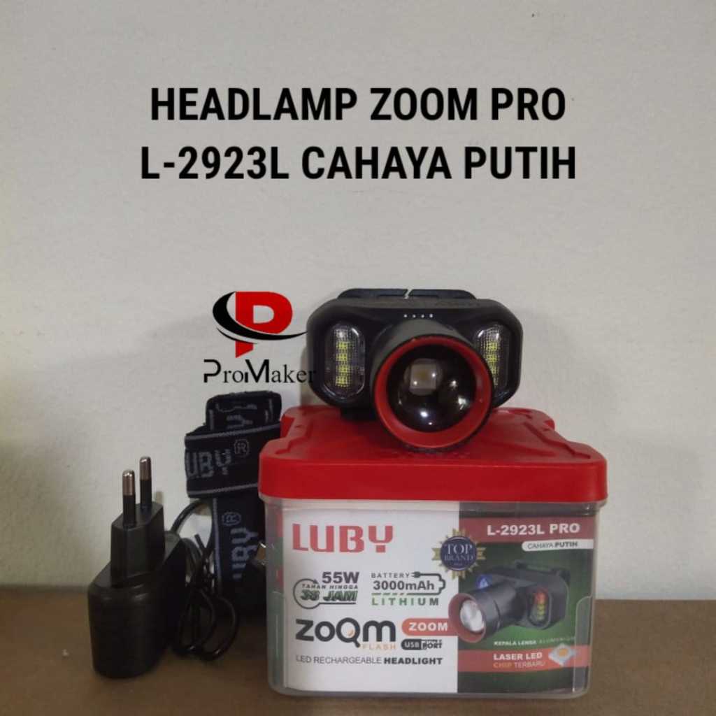 Senter Kepala LED Luby L-2923L PRO 55W Zoom Flash Cahaya Putih Garansi Resmi Original