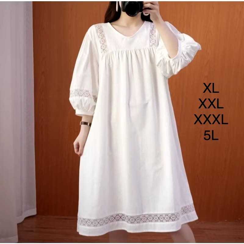Kafa Collection Baju Atasan Wanita OverSize Savira Midi Dress Jumbo Polos Crinkle Mix Renda
