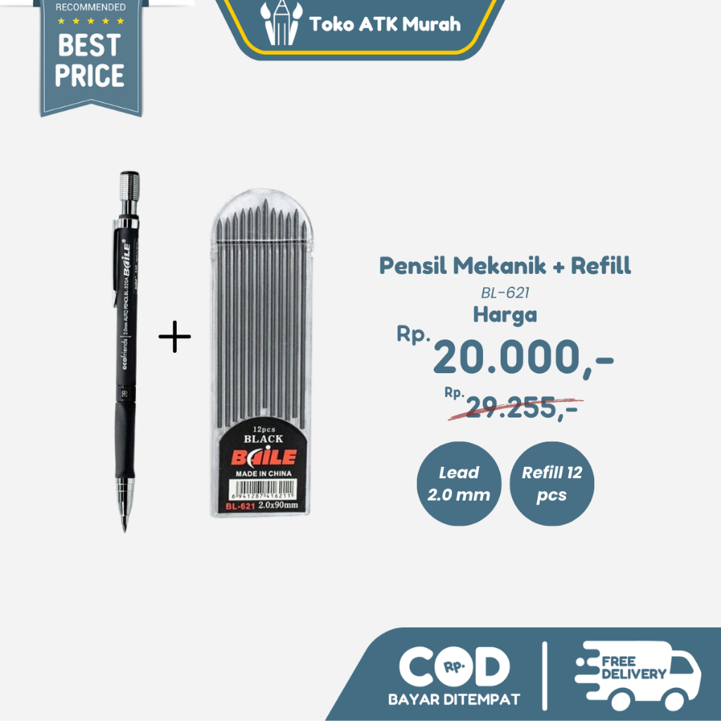 

Pensil Mekanik + Refill 2mm isi 12 Leads Mechanical Pencil 2B Set - Black