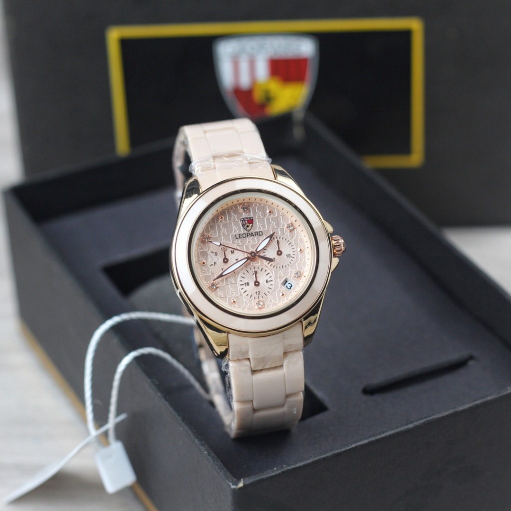 Jam tangan Wanita Leopard 6238 tali rantai keramik chrono off tanggal aktif analog original