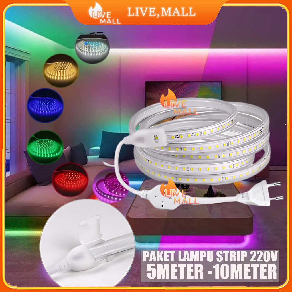 PAKET Lampu Led Strip Selang 5050 5m 8m 10 meter (lampu strip+ Socke )5050 Lampu Hias Cafe Led Strip