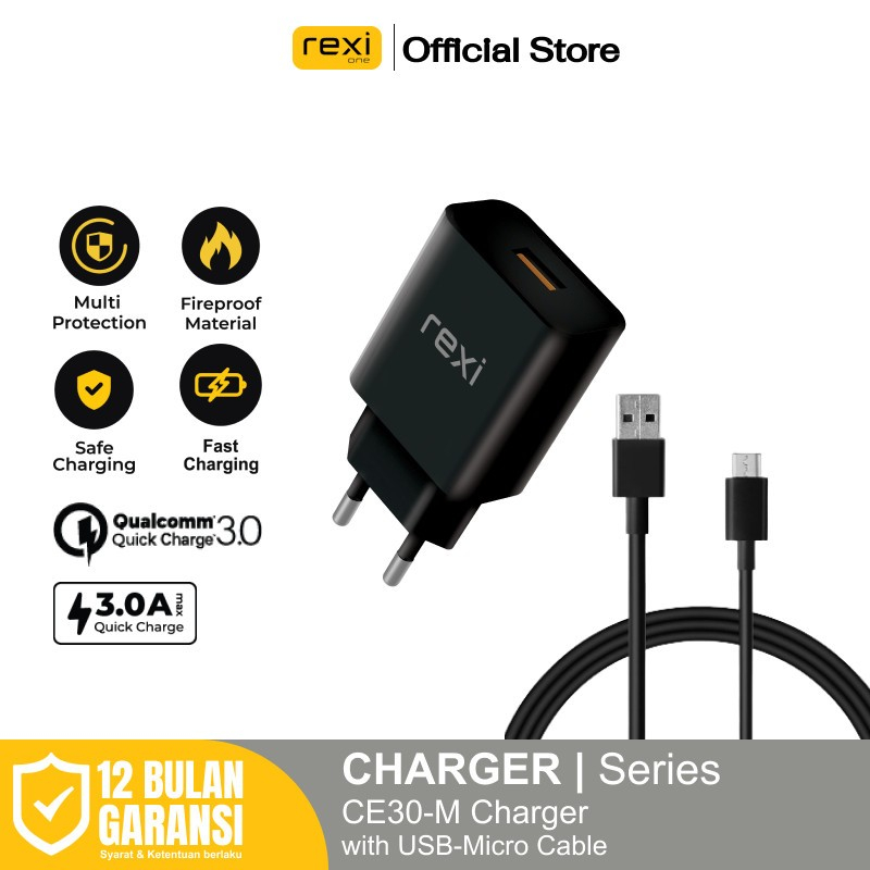 Rexi Charger CE30-M QC 3.0 Single Output with Micro Cable Quick Charge 3.0 (18W) Intelligent Chip Sa