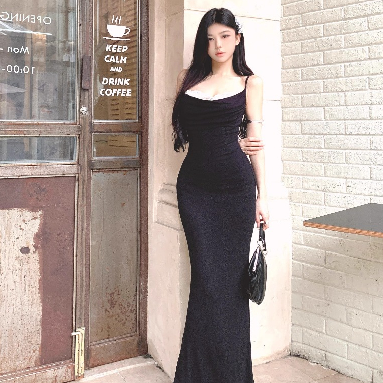 Meirong long dress hitam panjang wanita party black dress sexy elegant korean style dress import