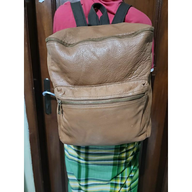 PL full leather brown backpack. Ransel kulas model tabung roamy