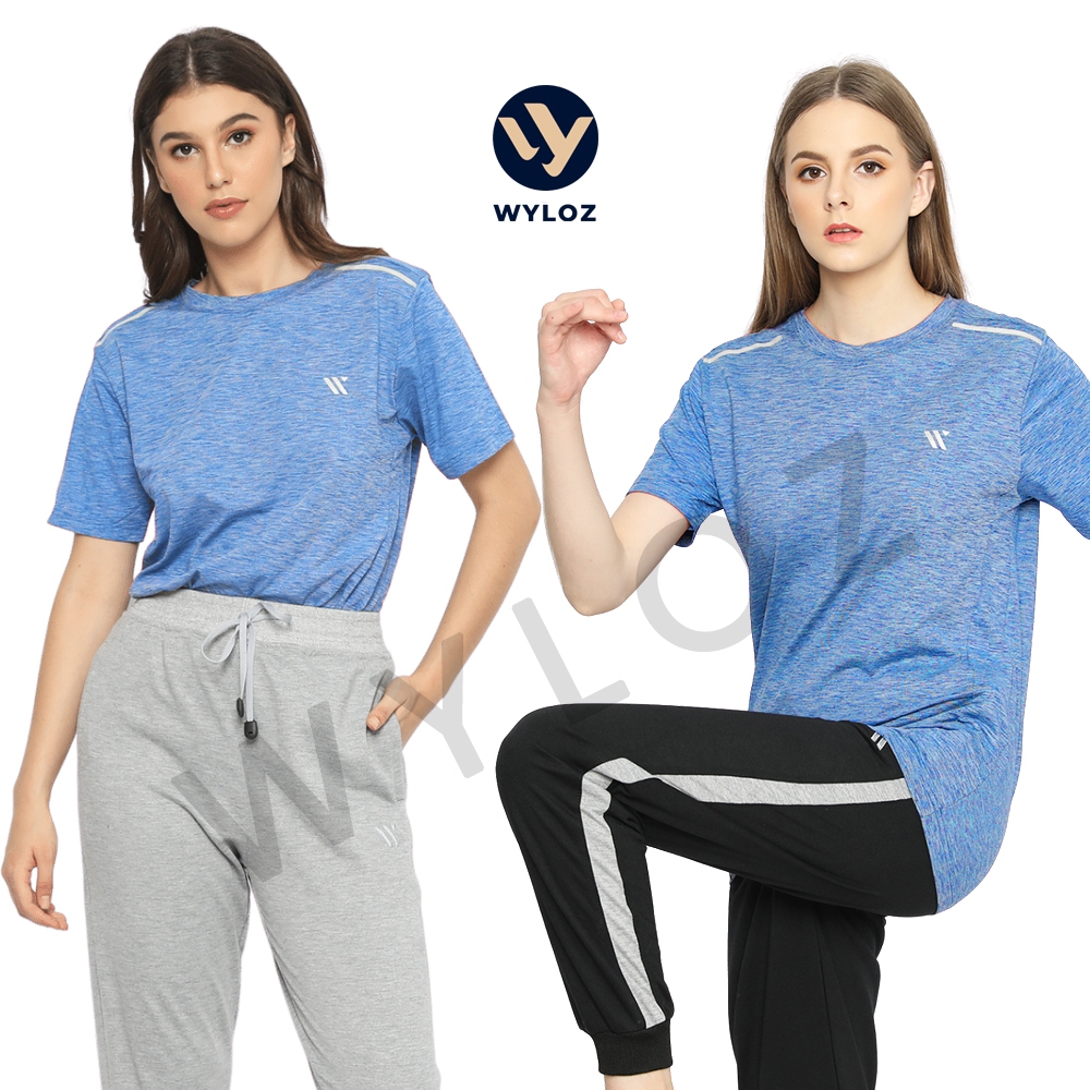 Wyloz Baju Kaos Training Jersey Olahraga Sport Lengan Pendek Wanita Badminton Gym Biru Denim Blue