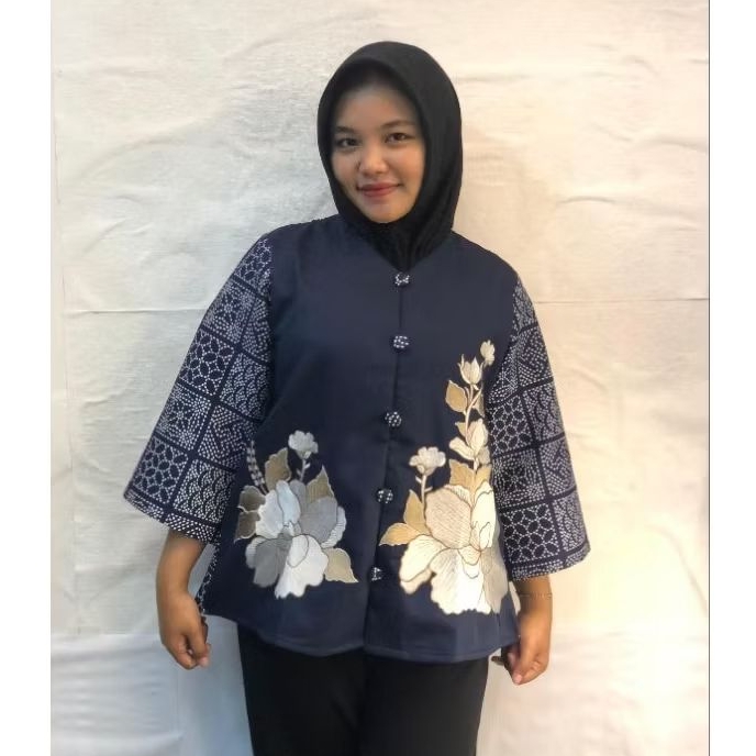 Blouse Batik Bordir Navy Bunga Terbaru Motif Terlaris Model Modern Exclusive Baju Batik