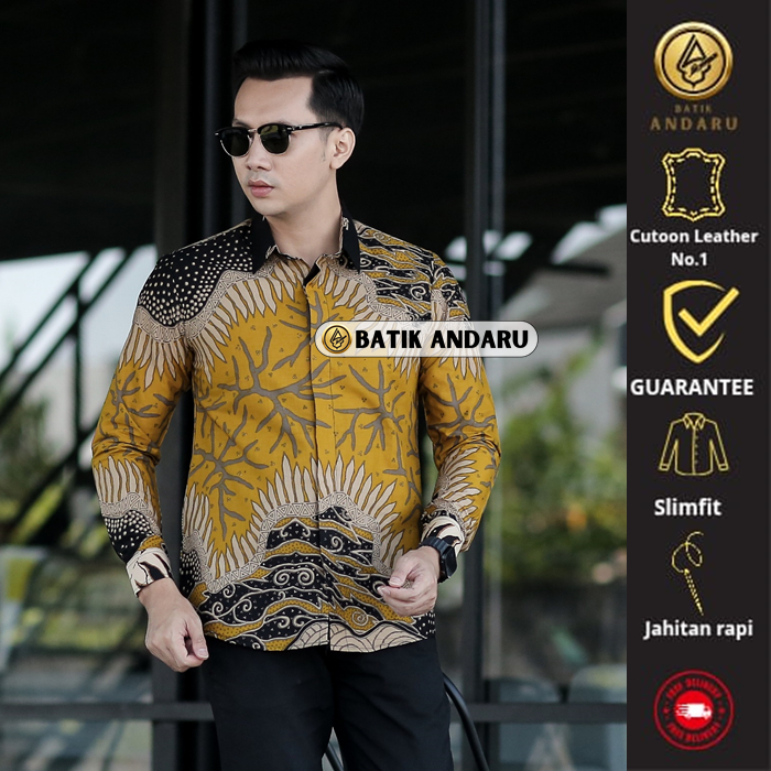 Batik Andaru Solo Motif Alif Kunyit Atasan Hem Baju Batik Pria Cowok Dewasa Slim Fit Lengan Panjang 
