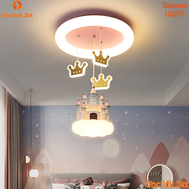 Lampu gantung LED kerajaan merah muda lampu gantung kastil mahkota lampu gantung kamar tidur anak