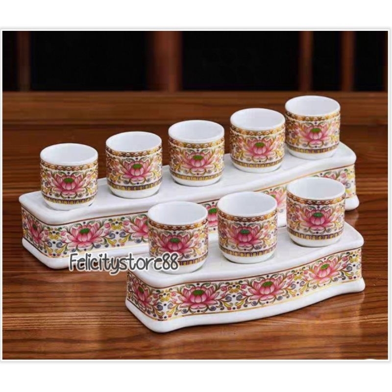 Cangkir Sembahyang Keramik Putih Teratai Pink Set Cangkir keramik teratai set