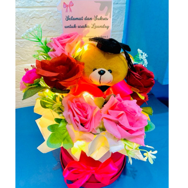 Bloom Box Boneka Wisuda LED, box buket bunga flower artificial buket boneka/ box hadiah wisuda flowe