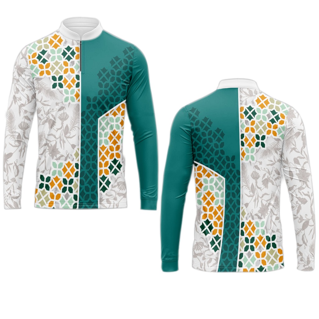 Baju koko muslim/pola geometris unik dalam nuansa putih, oranye, dan hijau /Kaos pria Dewasa jersey/